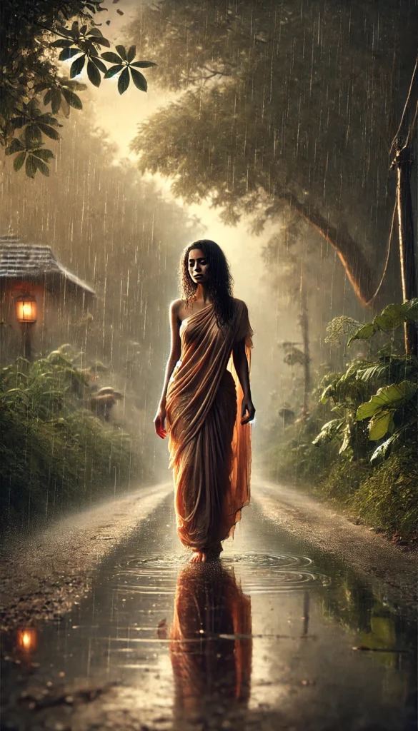 Indian girl walking in monsoon rain